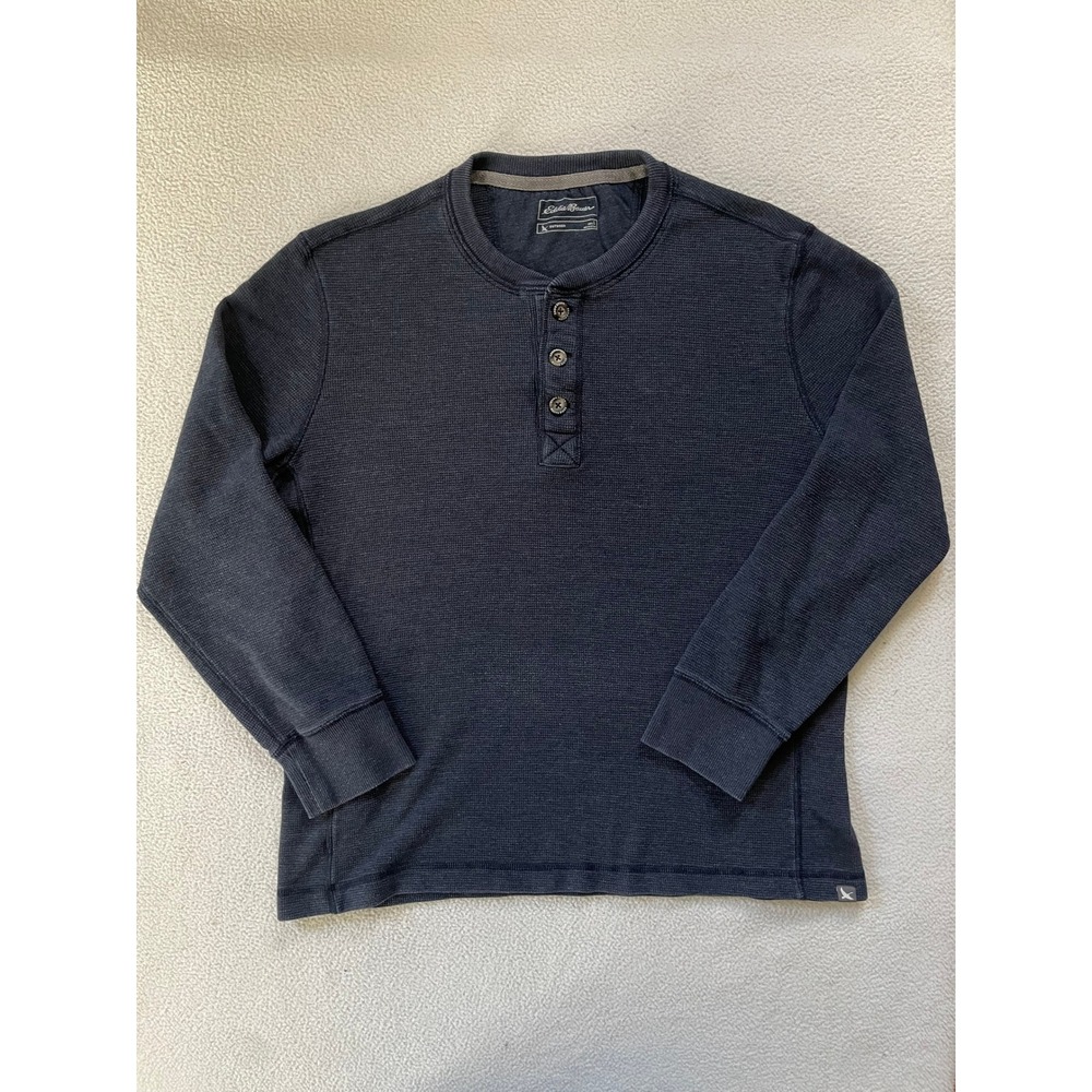 Eddie Bauer Mens Large Henley Shirt Navy Waffle Knit Long Sleeve Outdoor